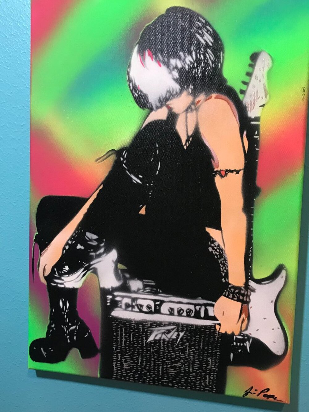 Green NEON Rainbow Punk Rock Chick Original Stencil Painting Guitar w/Peavy Amp - Picture 2 of 5